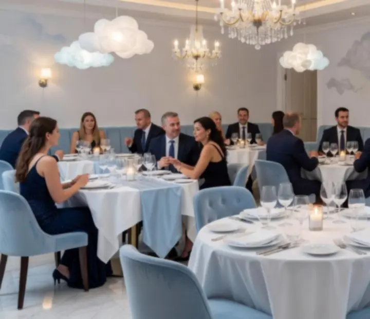 Soirée d’entreprise élégante dans un restaurant lumineux avec invités et hôtes
