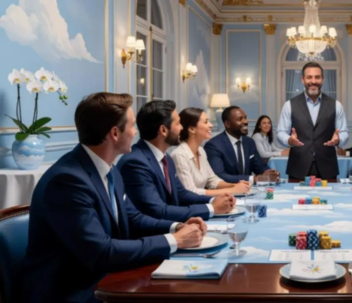 Table de poker animée lors d’une soirée d’entreprise, avec collaborateurs et hôte
