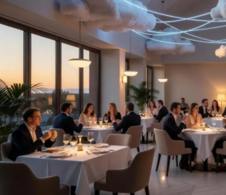 Salle principale lumineuse de Luminoblebo avec grandes tables élégantes