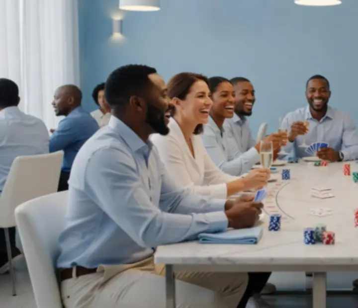 Groupe d'invités partageant une soirée blackjack dans un cadre de restaurant élégant