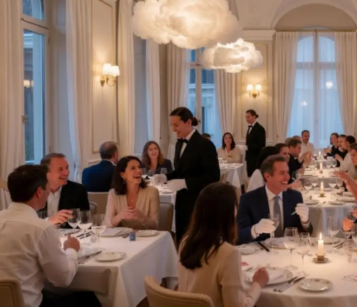 Soirée élégante dans le restaurant Luminoblebo avec invités autour des tables.