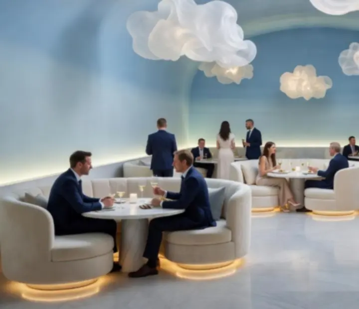 Intérieur lumineux du restaurant Luminoblebo avec décor nuage et ambiance douce.