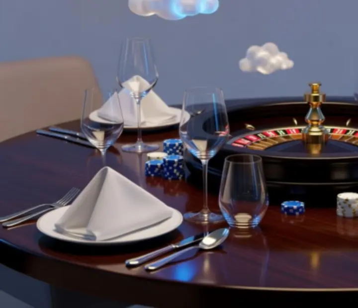 Décor lumineux bleu et nuageux autour d’une table de roulette chez Luminoblebo