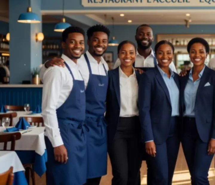 Équipe souriante de Luminoblebo accueillant les invités avec chaleur.