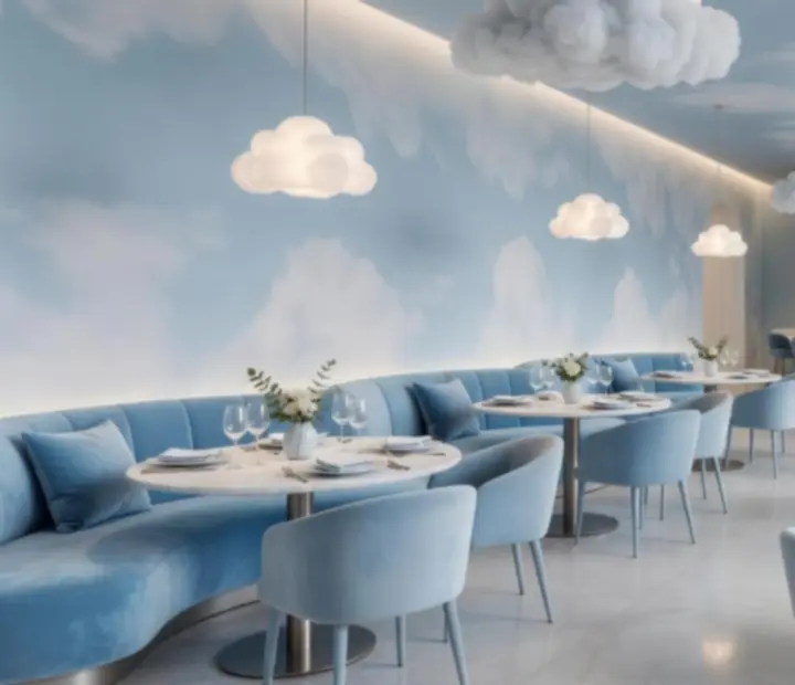 Décor lumineux bleu et blanc du restaurant Luminoblebo, inspiré par les nuages.